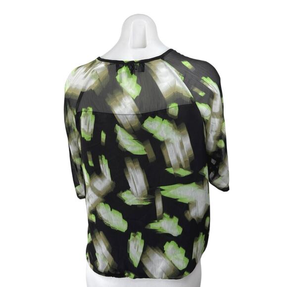 DKNY Women's Black Green Mesh Printed 3/4 Sleeve Tie Hem Blouse Top Size XS - Picture 2 of 4
